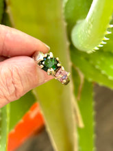 Chrome diopside and pink spinel claw set ring