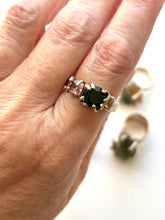 Chrome diopside and pink spinel claw set ring